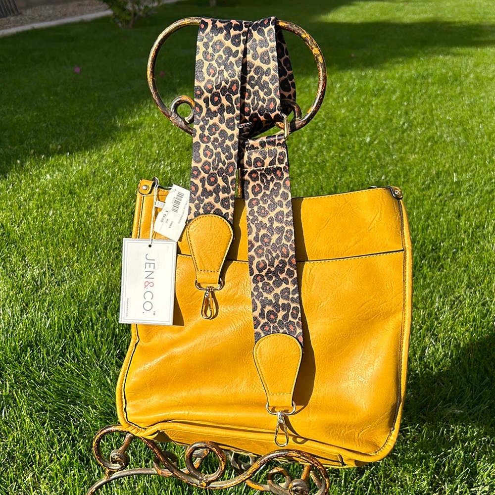 Mustard yellow leather purse with adjustable leopard  print strap. Jen & Co NEW